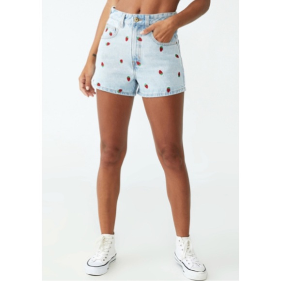 Cotton On Pants - Cotton On High Rise Mom Shorts Strawberry Embroidery